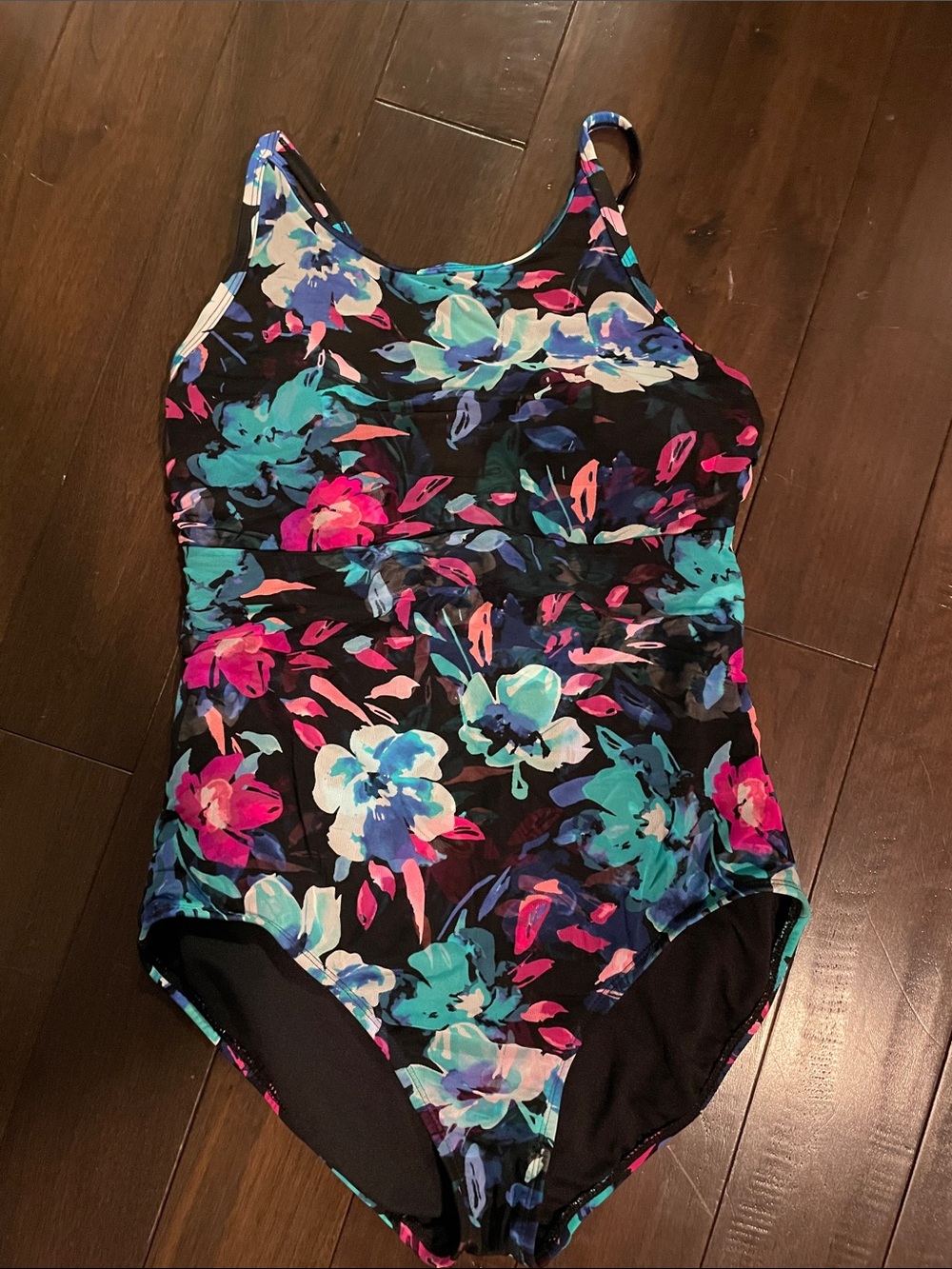 Time and Tru women’s Floral One-Piece Swimsuit in Black floral size large